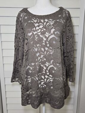 Chicos Sz 3 (XL) Allegra Lace Top Taupe Brown Tunic